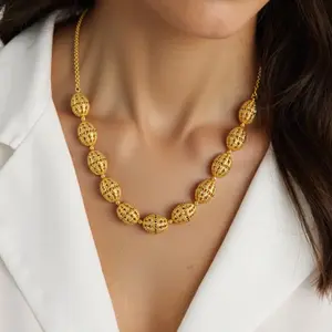 YM Unisex 4-Piece Vintage 18K Gold-Plated Openwork Coordinated Jewelry Set - Oval Bead Link Long Chain, Dangle Earrings, Statement Ring, Tarnish-Resistant, Gold-Colored, Premium Quality Elegant Jewelry Set, Gold Chain Set