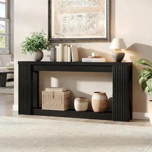 71 Inch Fluted Wooden Console Table, Modern Farmhouse Boho Style Rectangular Sofa Table with 2 Storage Spaces, Functional Entryway Furniture for Entrance, Hallway and Living Room