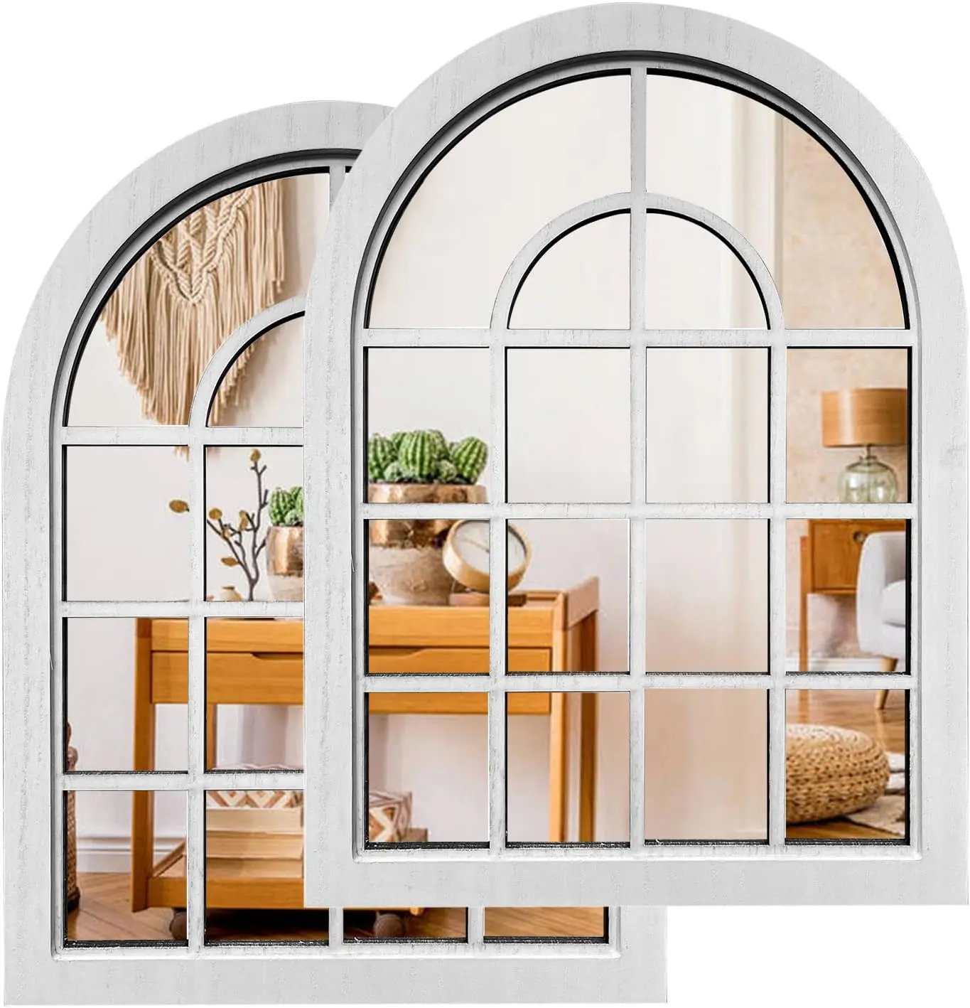 2PCS Arched Window Wall Mirror Rustic Farmhouse Accent Decor Wood Framed Entry for Living Room Bathroom Bedroom Kitchen 15.7x11.8 Inches