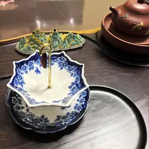 Elegant Aesthetic Blue Floral Ceramic Tea Strainer Set with Tassels, Decorative Umbrella Shape Filter for Home Office Table Decoration