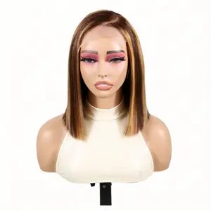 Honey Blonde Ombre Glueless Straight Short Bob Wig With Drawstring P4/27 Highlight Ombre Pre-cut 5x5 HD Lace Human Hair Wigs With with Left C Part Pre plucked Pre Bleached Knots 180% Side Part Wig Beginner Friendly