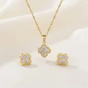 Lucky Clover Gold Jewelry Set  Anti-Tarnish Necklace & Earrings for Women