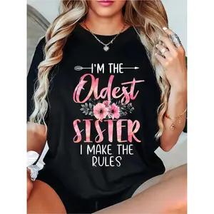 Women's Funny Saying T-Shirt - "I'm the Big Sister I Make the Rules" - Bold Pink & White Lettering on Black - Lightweight Breathable Crew Neck Tee - Sibling Birthday/Christmas Outfits - Casual Everyday Shirt for Women - Funny Sister Gift Idea - Floral Gra