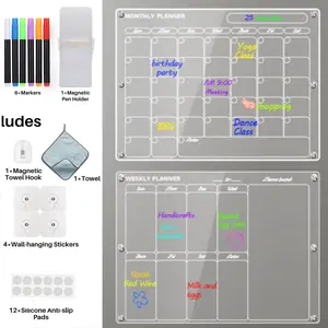 Nw 2Lbs Set of 2 Acrylic Magnetic Fridge Calendar Dry Erase Clear Monthly & Weekly Planning Boards Bundle with Vibrant Markers and Wall Hanging Hook