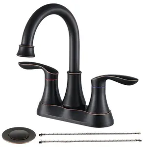 2-Handle 4-Inch Oil Rubbed Bronze Bathroom Faucet, Bathroom Vanity Sink Faucets with Pop-up Drain and Supply Hoses