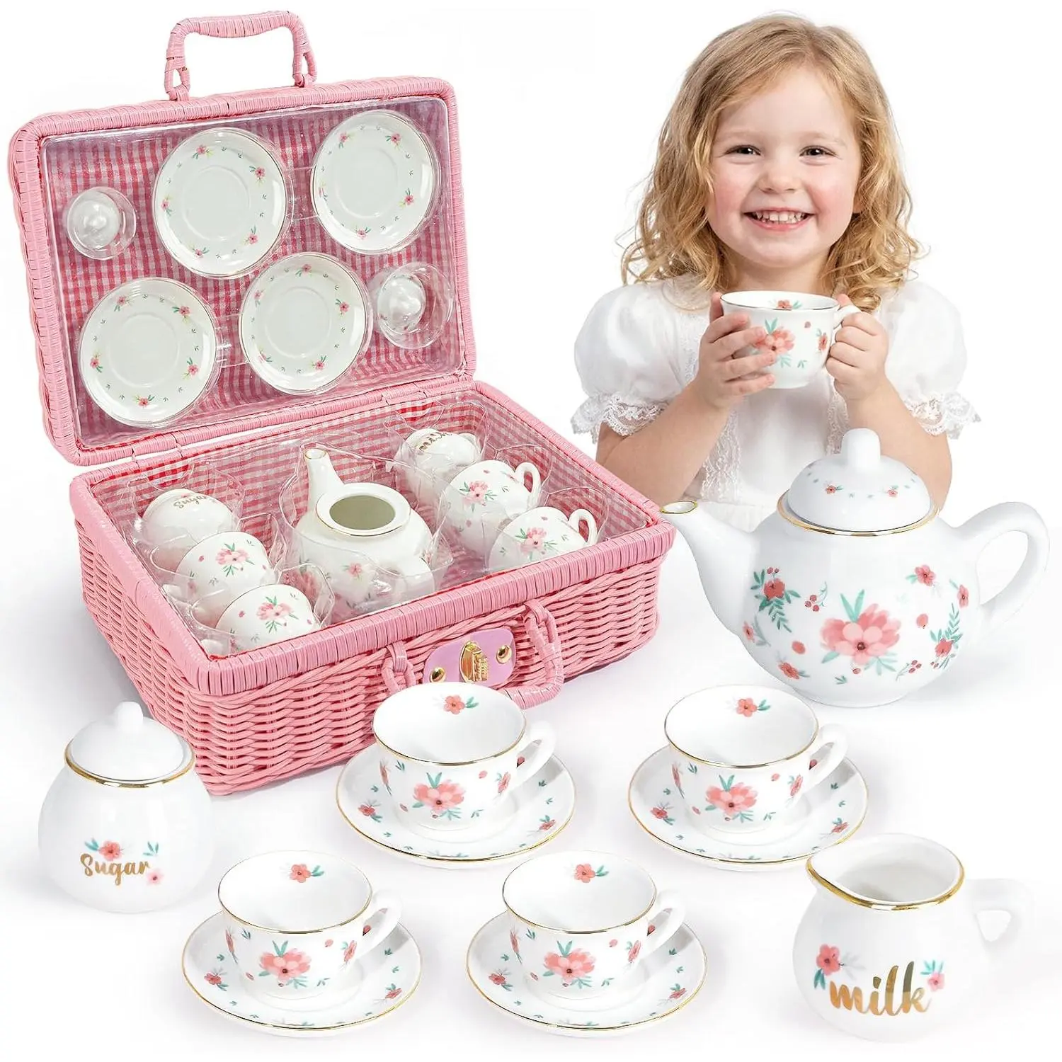High Quality Classic Traditional Ceramic Miniature Tea Set - Lead-Free Hand-Painted Pink Floral Teapot, Cup & Saucer with Carry Case, Pretend Play Accessories, Toddler Kitchen Toy, Girl Birthday Gift for Ages 3-8, No