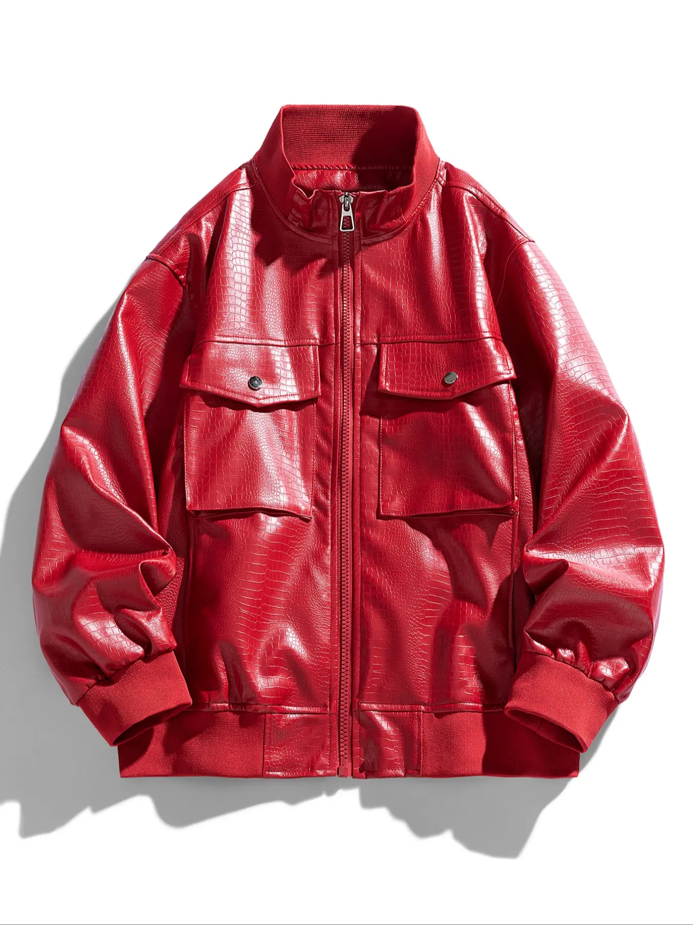 Men's Solid Color PU Leather Jacket Coat, Stand Collar Chest Pocket Design, Casual Fashion Outerwear for Spring & Fall Seasons