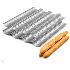 2pc Nonstick Perforated Baguette Pan 15" x 13" for French Bread Baking 4 Wave Loaves Loaf Bake Mold Oven Toaster Pan (Silver)