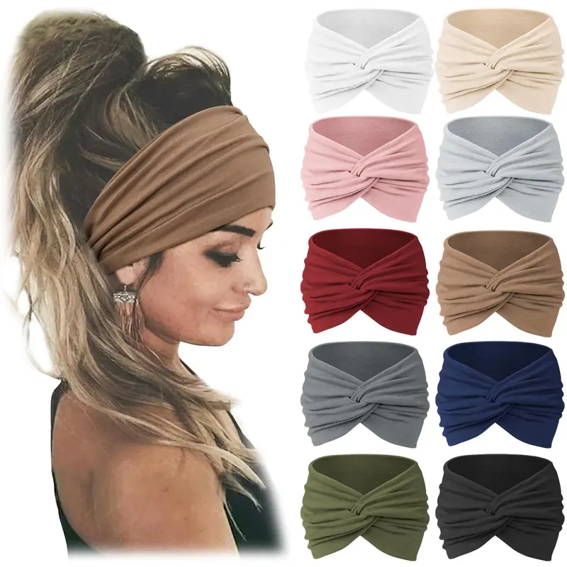 Extra Wide Headbands for Women 10-Pack - Boho Turban Twist Knotted Elastic Hairbands, Non-Slip Stretch Wide Band, Soft Breathable Fabric, Moisture-Wick, Comfortable Fit for Everyday & Sports
