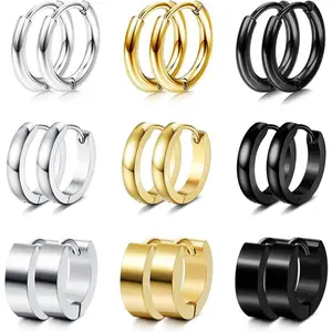 FLORIDECO 9Pairs Stainless Steel Small Classic Hoop Huggie Earrings Men's Earrings Hoop Silver Black for Men Women Daily Flat Pierced Jewelry Diamond Studs