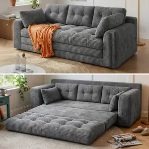 2-3 Seater Folding Convertible Sofa Bed, Boneless Pull-Out Sleeper Sofa with Pillows, Tufting Corduroy Upholsted Foldable Floor Couch Comfy Lounge with High Resilience & High Density Foam for Small Space Living Room Bedroom, Black Gray White