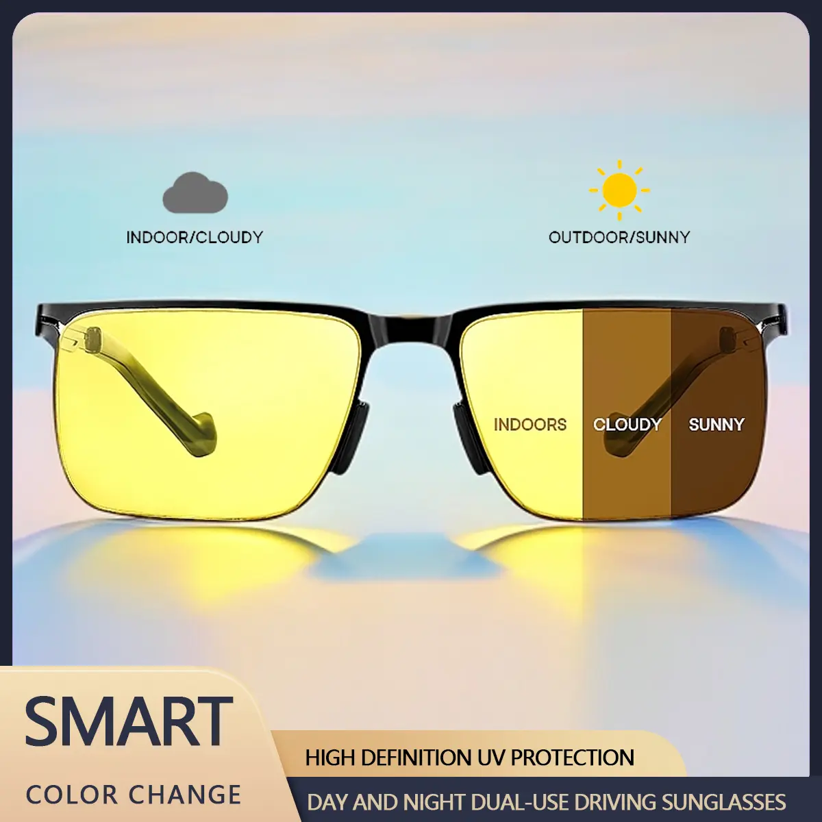 FEICE Unisex Rectangle Full Rim Modern Sunglasses - HD Polarized Auto-Tint Photo-Sensitive TAC Plastic Eyewear, Ideal for Driving, Summer Outings (High-Definition Men's Sunglasses Inclusive), Photo-Sensitive Men's Sunglasses