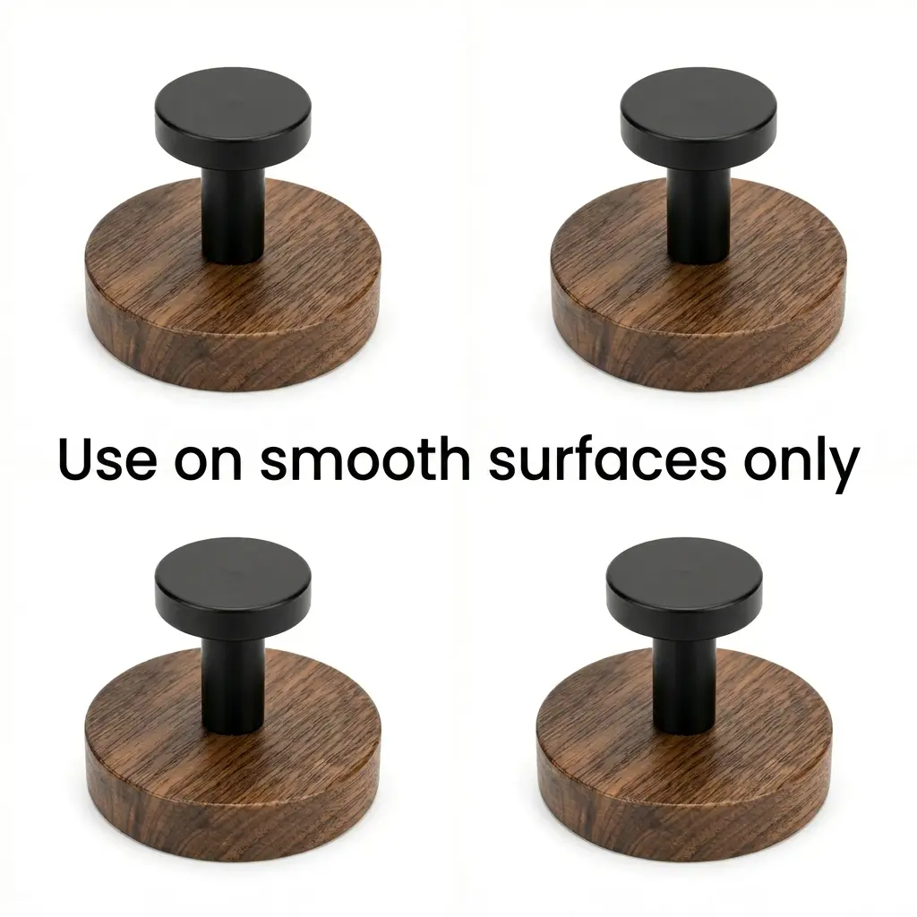 4/8/12 Pack Walnut Wood Suction Cup Hooks, No Drill Reusable Heavy Duty Wall Hooks for Hanging, Waterproof Adhesive Towel Hooks for Bathroom, Kitchen, Glass, Tile, Door, Modern Matte Black Organizer Hooks