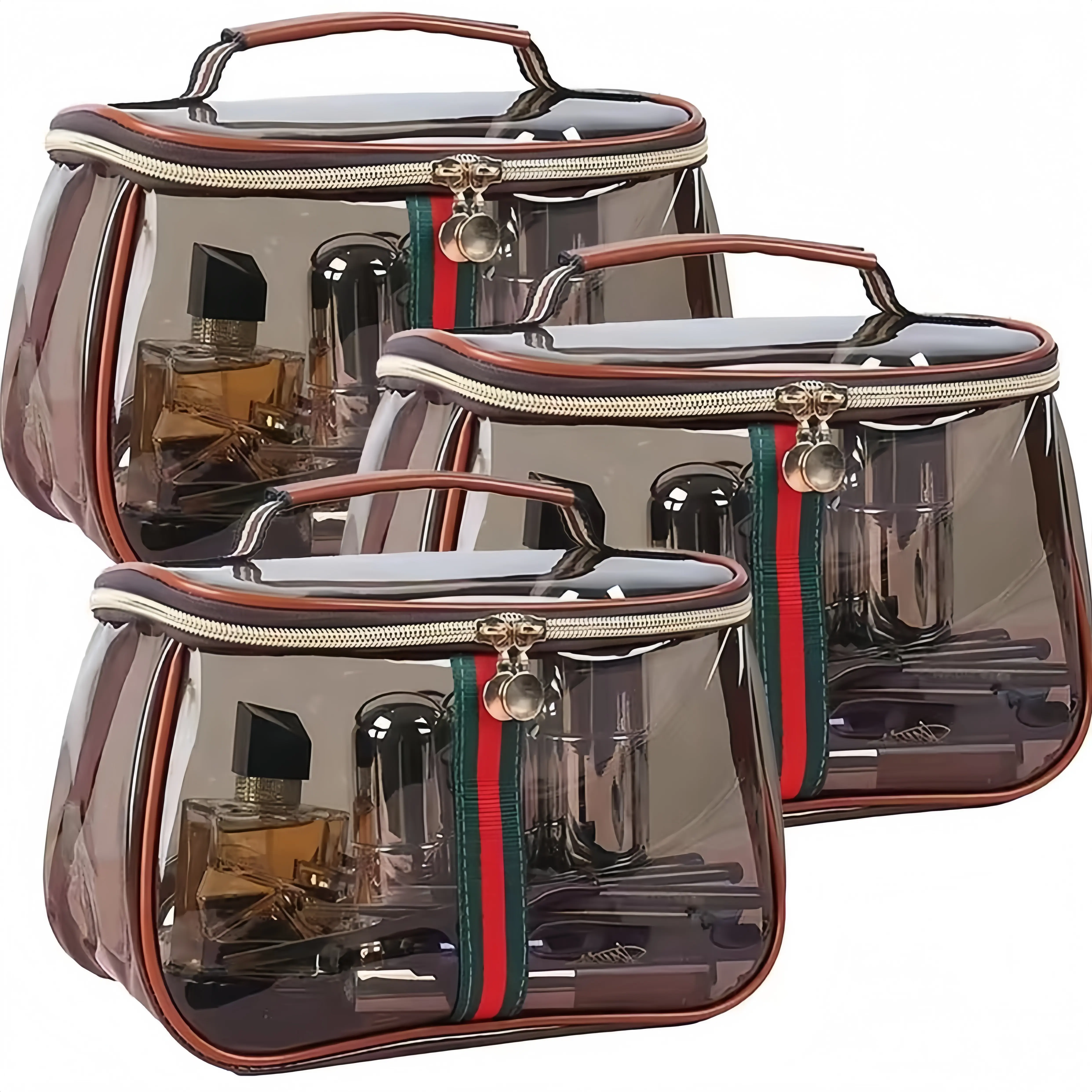 Transparent toiletry bag, women’s travel storage box, portable cosmetic organizer (brown), stylish makeup bag, large-capacity cosmetic storage bag