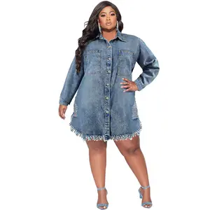 Women's Plus Size Denim Shirt Dress Long Sleeve Lapel Button Down Ripped Tassel Raw Hem Jacket