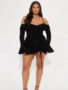 Misty Black Velvet Mesh Micro Mini Dress with Ruffle Sleeves & Lace-Up Detail for Sexy Night Out Look