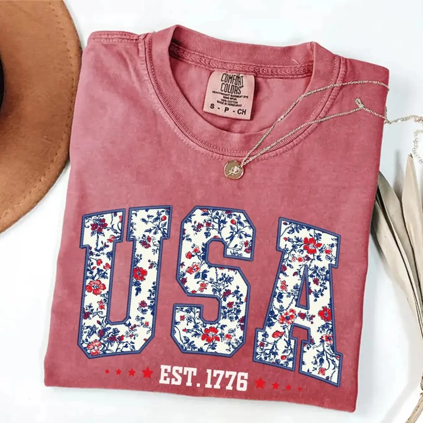 Comfort Colors Floral USA T-Shirt, American Girl Patriotic Tee, USA Est 1776 Graphic Shirt, Girly 4th of July Outfit, Coquette Americana Floral Shirt, Cute Independence Day Summer Apparel for Women & Men