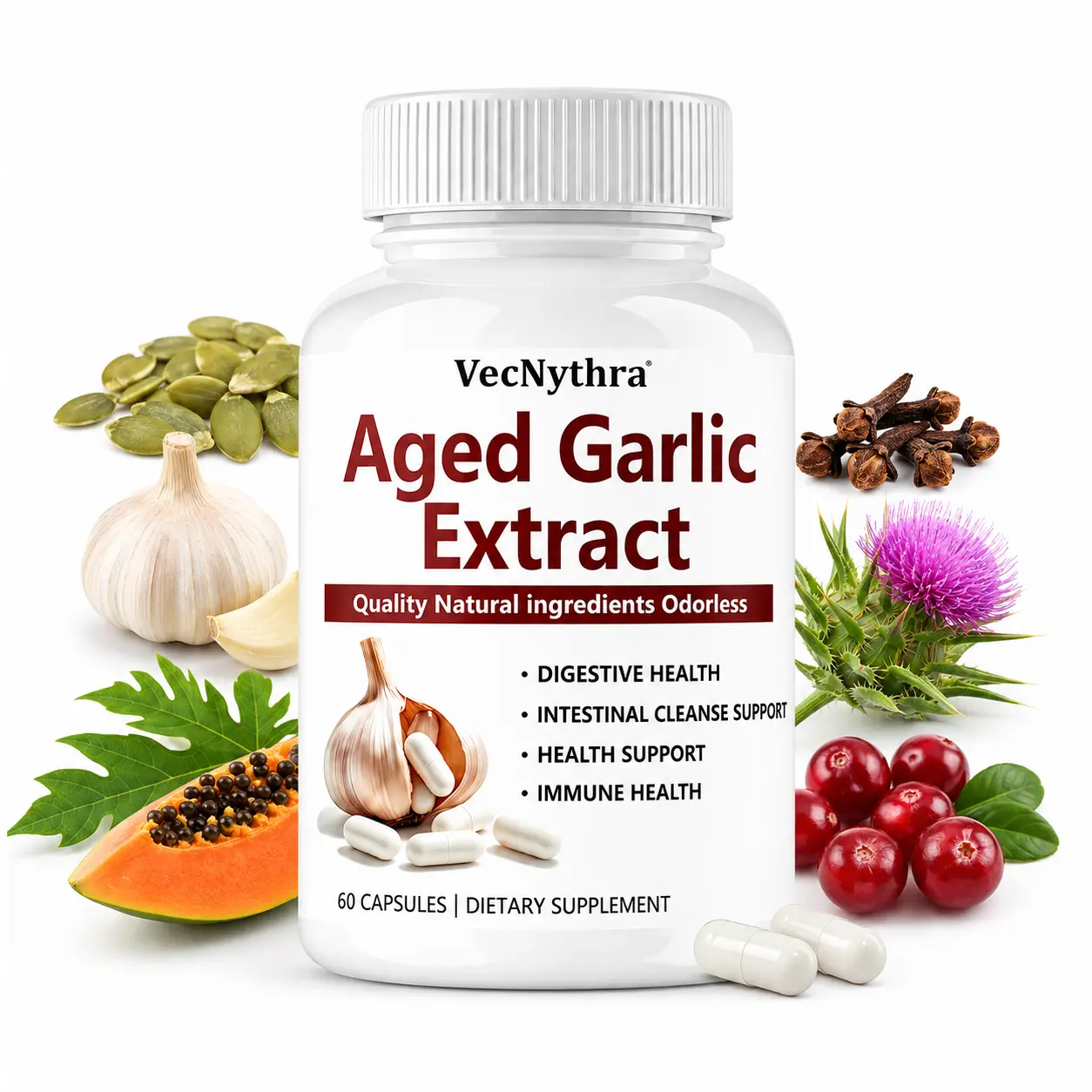 VecNythra Aged Garlic Extract Capsules, 600 mg 100:1 Garlic Extract, Odorless Garlic Supplement with Pumpkin Seed, Clove & Zinc, 60 Capsules Per Bottle