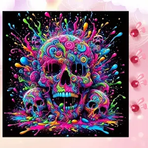 5D DIY Full Drill Round Diamond Painting - Diamond Art Kit Colorful Skull Splash Mosaic, Canvas - DIY Decorative Painting, Home Wall Decor, Suitable for Halloween, Christmas, Birthday and Anniversary Gifts