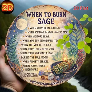2D Flat Sign When to Burn Sage Spiritual Tin Sign 20x20cm Wellness Wall Decor for Home Meditation Room Yoga Gift Housewarming Present