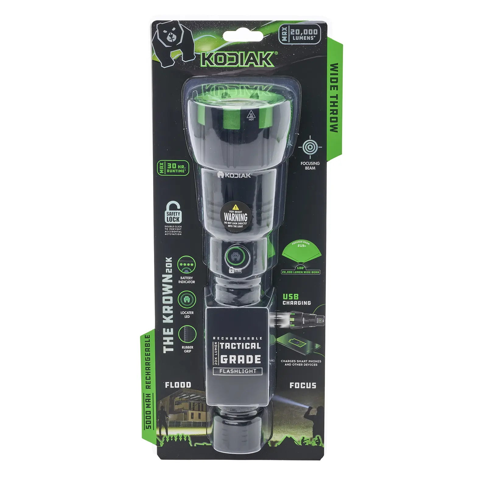 Kodiak Krown 20000 Lumen Rechargeable Flashlight with USB-C Power Bank & Adjustable Focus Beam for Work & Outdoors - Handheld Torch