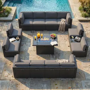 LayinSun 15 Piece Patio Furniture Set with Fire Pit Table, Outdoor Conversation Sets Wicker Rattan Sectional Sofa with Coffee Table