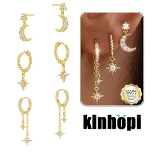 KINHOPI 3 Pairs 925 Sterling Silver Earrings Set for Women Hypoallergenic 14K Gold Plated Cubic Zirconia Earrings Stacks Stud Huggie Hoops Earring Sets for Multiple Piercings Jewellery for Her