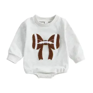Baby Girl Bubble Romper Long Sleeve Crew Neck Bow Football Print Bodysuit Newborn ClothesGift