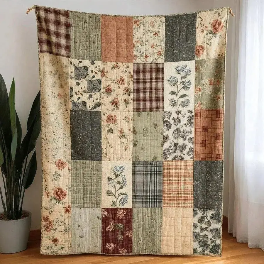 Vintage Floral Flannel Blanket, Neutral Patchwork Print, Cottagecore Farmhouse Decor for Couch, Bed, Guest Room and Bedroom
