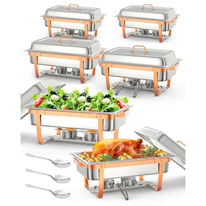 GARVEE 8 Qt Chafing Dish Buffet Set - 6 Pack with Folding Frame, Spoon & Tweezer for Weddings, Parties, Banquets & Catering Events in Elegant Rose Gold Finish