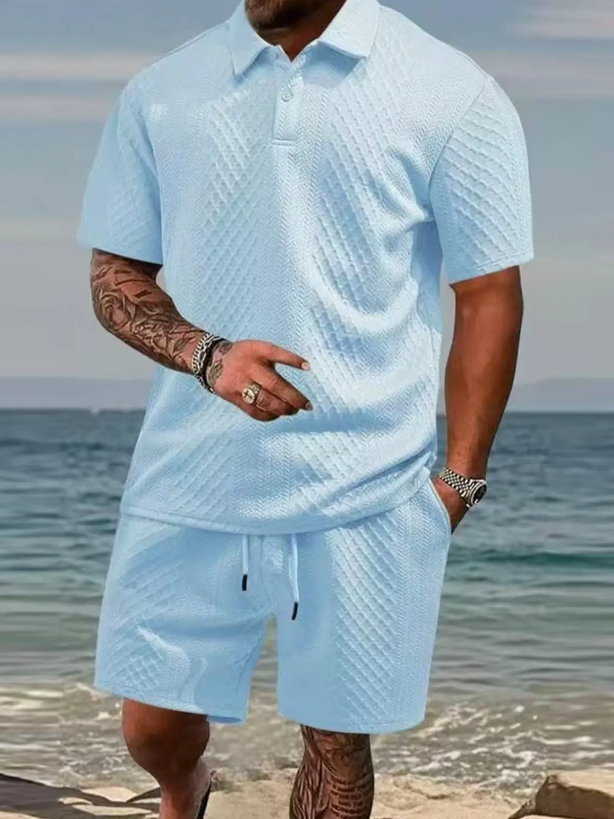 Men's summer casual texture fabric solid color polo shirt T-shirt shorts 2-piece set, loose fit suitable for casual sports, breathable and cool, essential summer outfit, comfortable and versatile  Menswear Plain, Tropical Shortsleeve