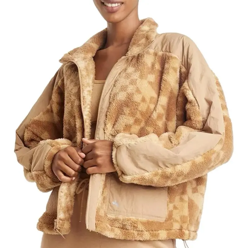 Teddy Bear Fleece Jacket in Beige with Zipper Closure and Adjustable Straps