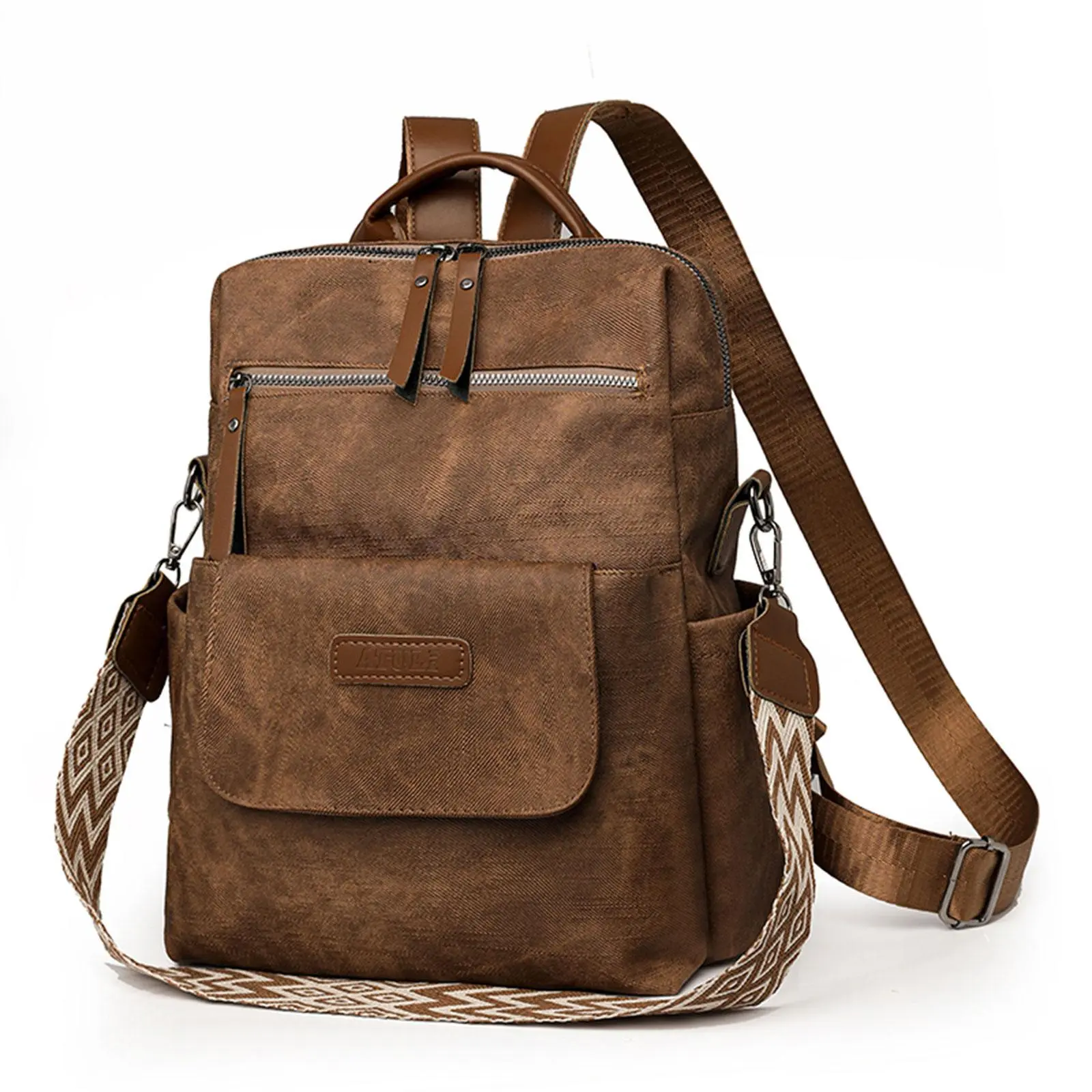 Women's Vintage Convertible Backpack Purse - Retro Anti-Theft Multifunctional Tote, Back Hidden Anti-Theft Zipper Pocket, 3 Carrying Styles (Backpack/Tote/Crossbody), Detachable Wide Printed Shoulder Strap, Ideal for Work, School, Casual Travel