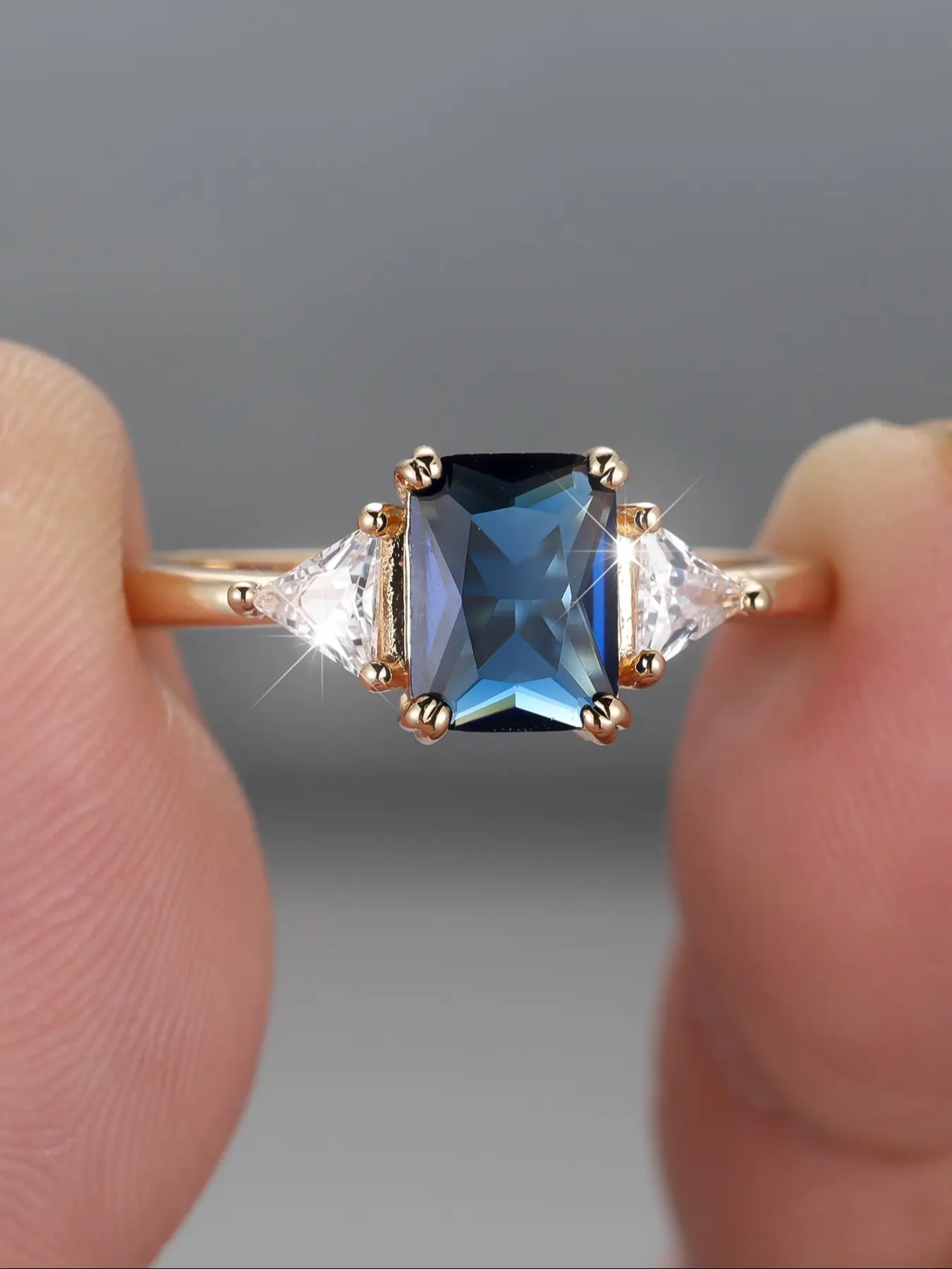 sapphire blue and white geometric synthetic zirconia gold coloured four claw women's ring, Beautiful rings, women's jewellery gift Anniversary Birthday Gift