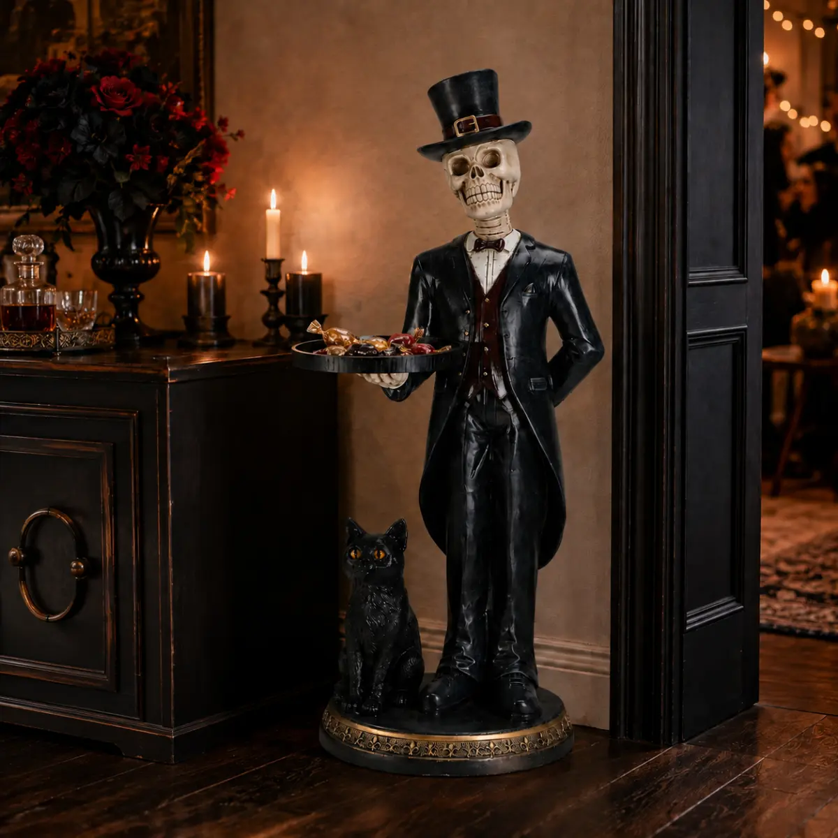Aobtkel Halloween Skeleton Butler Statue, 35.4 Inch Standing Skeleton with Serving Tray and Black Cat, Large Gothic Floor Figurine for Candy, Drinks, Keys, Entryway, Porch, Living Room, Haunted House, Halloween Party Indoor Home Decor