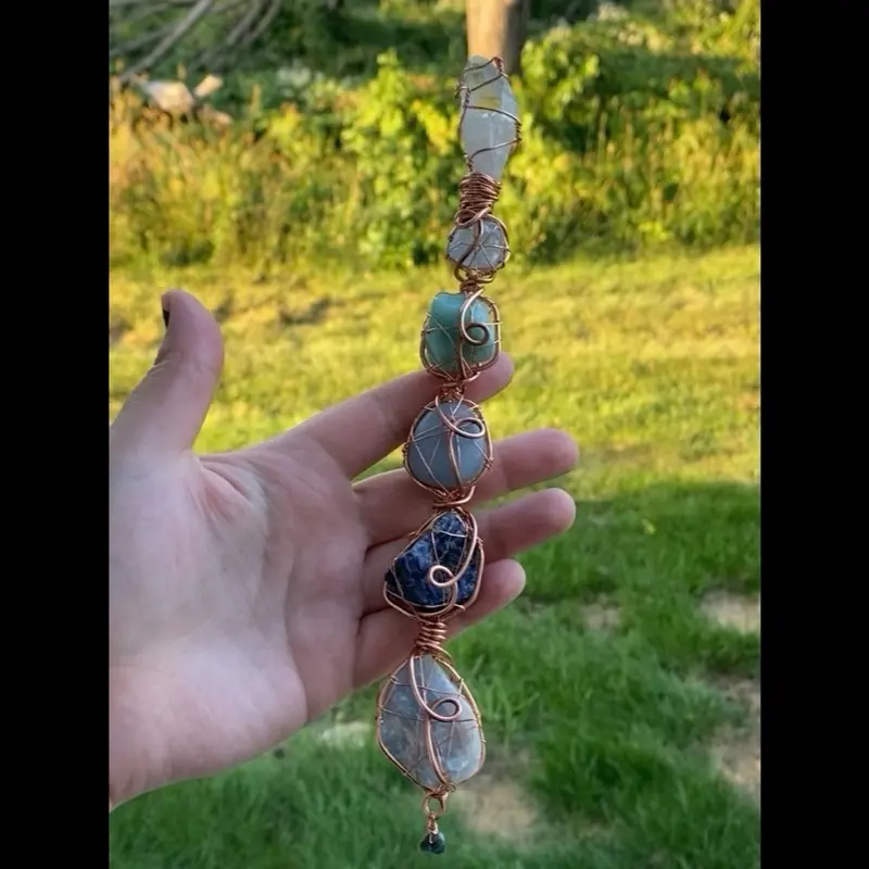 Crystal Energy Wand Throat Chakra Fairy Magic for Reiki Energy Healing with Colorful Gemstones and Copper Wire Design
