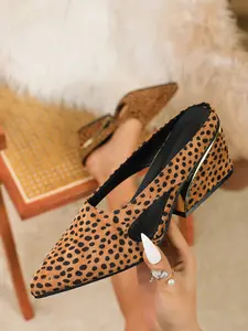 Vintage Leopard Spot Pointed Toe Wedge Sandals, Metal Asymmetrical Heel Hollow Design, Luxurious Casual Outdoor Slippers, High Heels