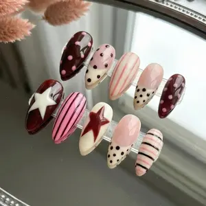 Polka Dot Stripe Press On Nails: Pink Y2K Aesthetic Cute Girly Nail Set