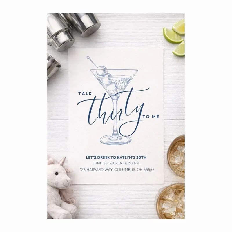 Martini 30th Birthday Invitation Talk Thirty to Me Cocktail Party 5x7 Inches Premium Cardstock Invitations with Envelopes for Adult Milestone Celebration