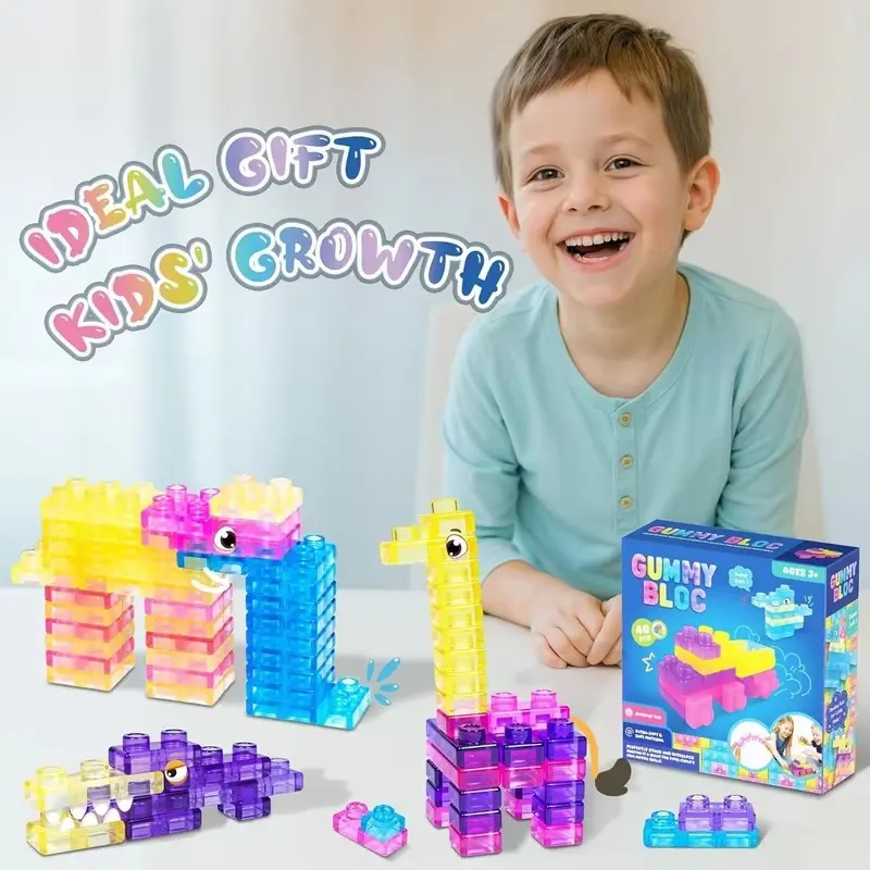 40PCS Magic Gummy Bloc Soft Building Blocks for Kids, Food-Grade TPE Sensory Stacking Toys, Transparent Jelly Bricks,Educationa