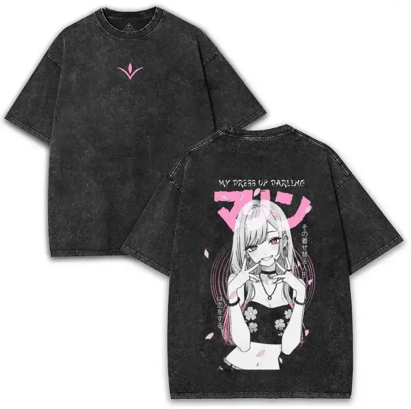 [KM]100% cotton men's t shirts My Dress-Up Darling Marin Kitagawa 230GSM Heavyweight Washed Oversized T-Shirt, Pink Sakura Back Print Anime Waifu Graphic Tee,funny graphic tee,funny shirts men,humor graphic tee Streetwear,graphic tee humorous tshirt