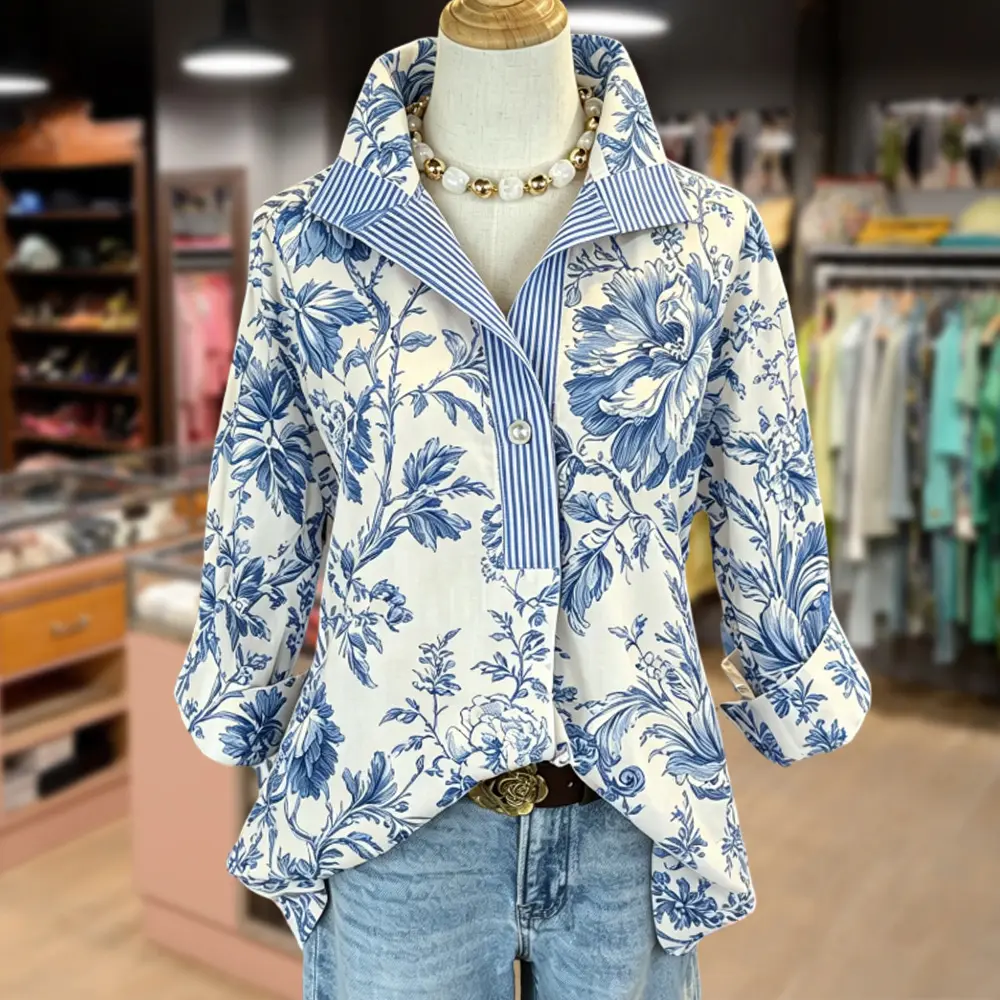 Cherrybetty Vintage Floral Print Striped Neck Three Quater Sleeve Blouse Sweety Essential Comfort Elegant Outfits Going Out Tops Outfit Inspo Spring Summmer Fashion