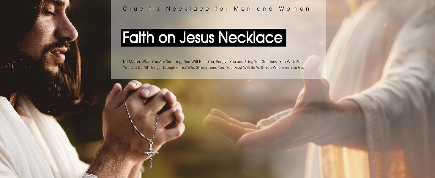 925 Sterling Silver Crucifix Necklace for Men Women, 2mm Sterling Silver Rolo Chain with Small or Large Crucifix Pendant, Jesus Crucifix Cross Necklace 16-24 Inches Christian Religious Jewelry Gifts