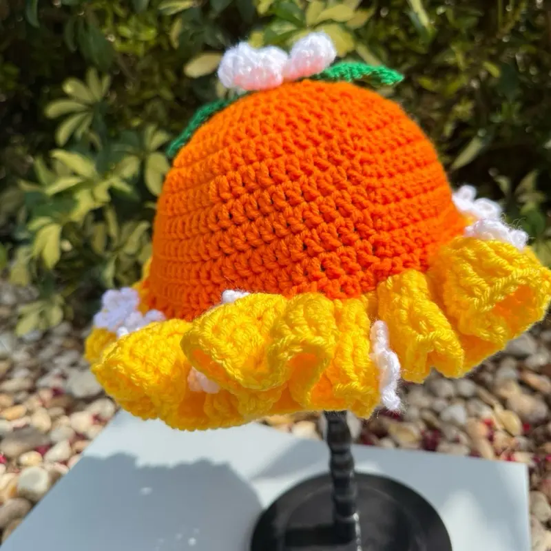 Orange Blossom Crochet Hat with Yellow Ruffle and Flower Detailing
