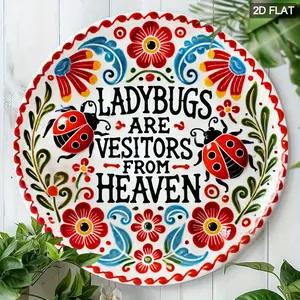 1PC 2D Flat, Ladybug Wall Art - Round Aluminum Decoration with 'Ladybugs are Visitors from Heaven' Design, 19.81x19.81cm, Bright Colors and Floral Patterns, Perfect for Home, Porch, Porch Decoration, Floral Design, Aluminum, Vintage plaque decor