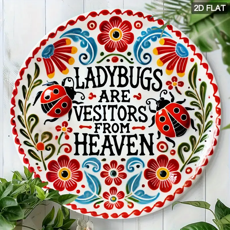 1PC 2D Flat, Ladybug Wall Art - Round Aluminum Decoration with 'Ladybugs are Visitors from Heaven' Design, 19.81x19.81cm, Bright Colors and Floral Patterns, Perfect for Home, Porch, Room Decor, Vintage decor