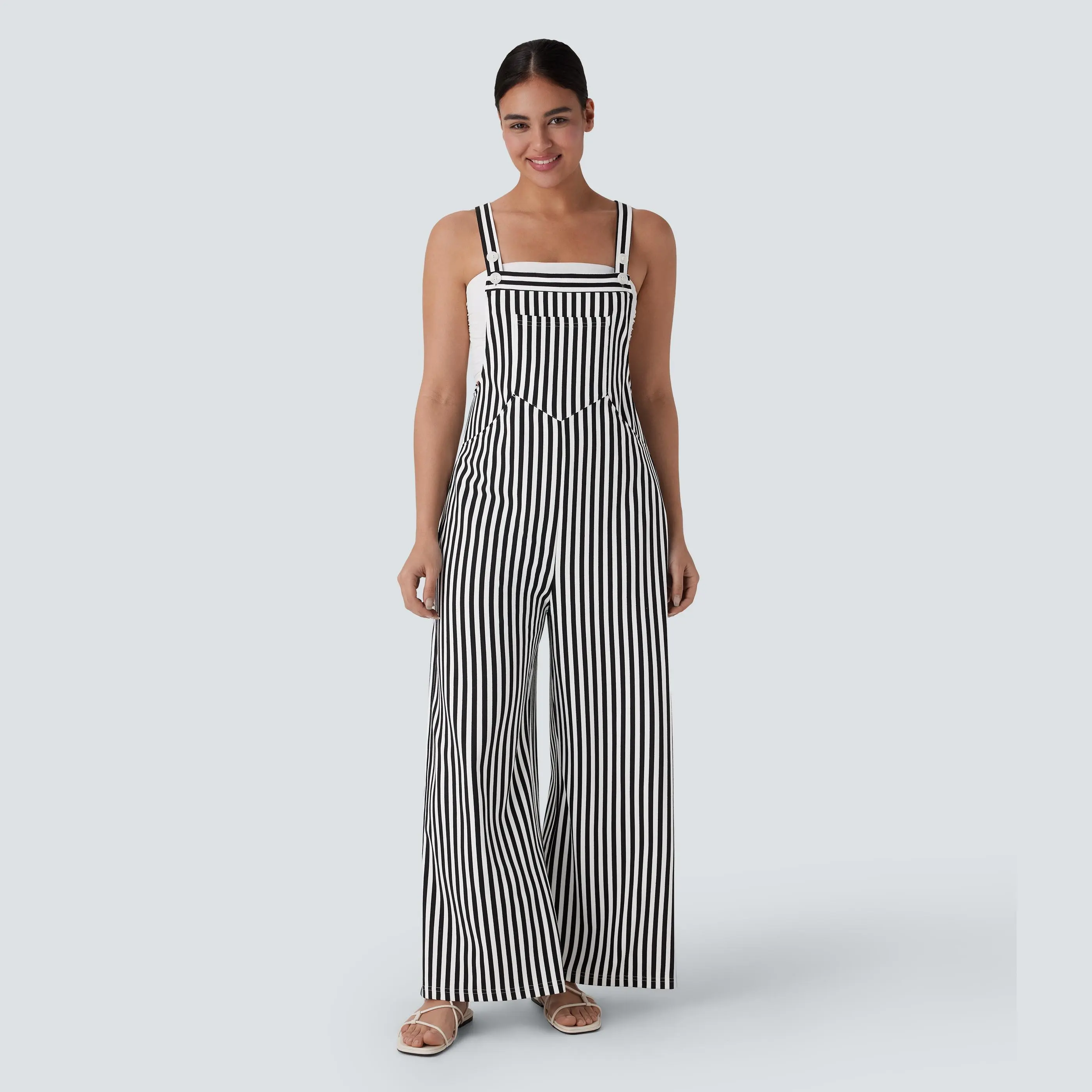 Halara Adjustable Strap Button Multiple Pockets Stripe Waffle Resort Overalls