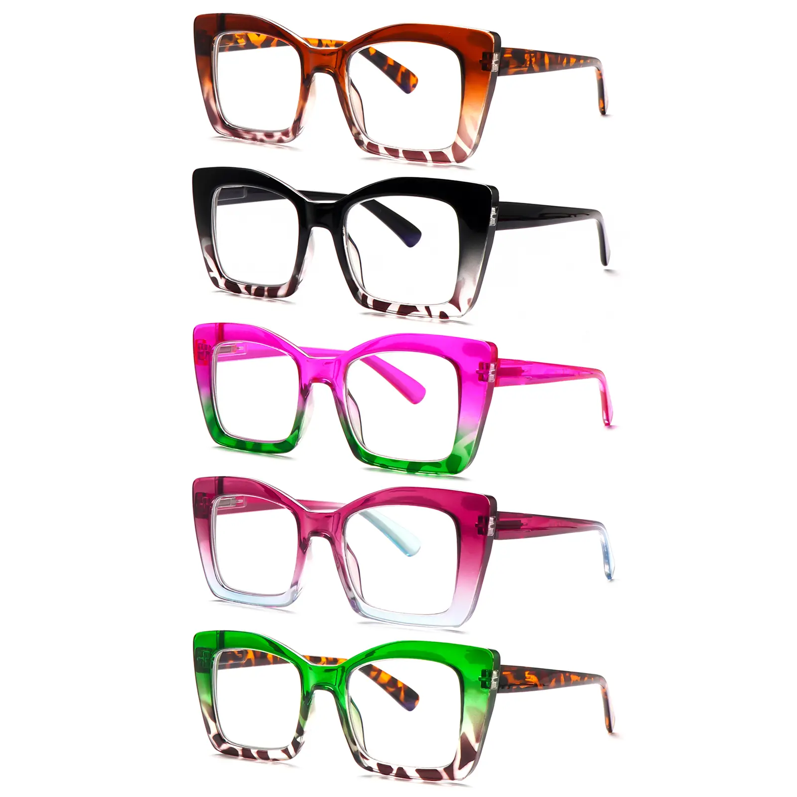 5-Pack Fashionable Anti-Blue Light Reading Glasses, designed specifically for women, featuring premium printed oversized lightweight frames. Equipped with spring hinge design, ideal for daily commutes, computer work, and the perfect holiday gift. Square F