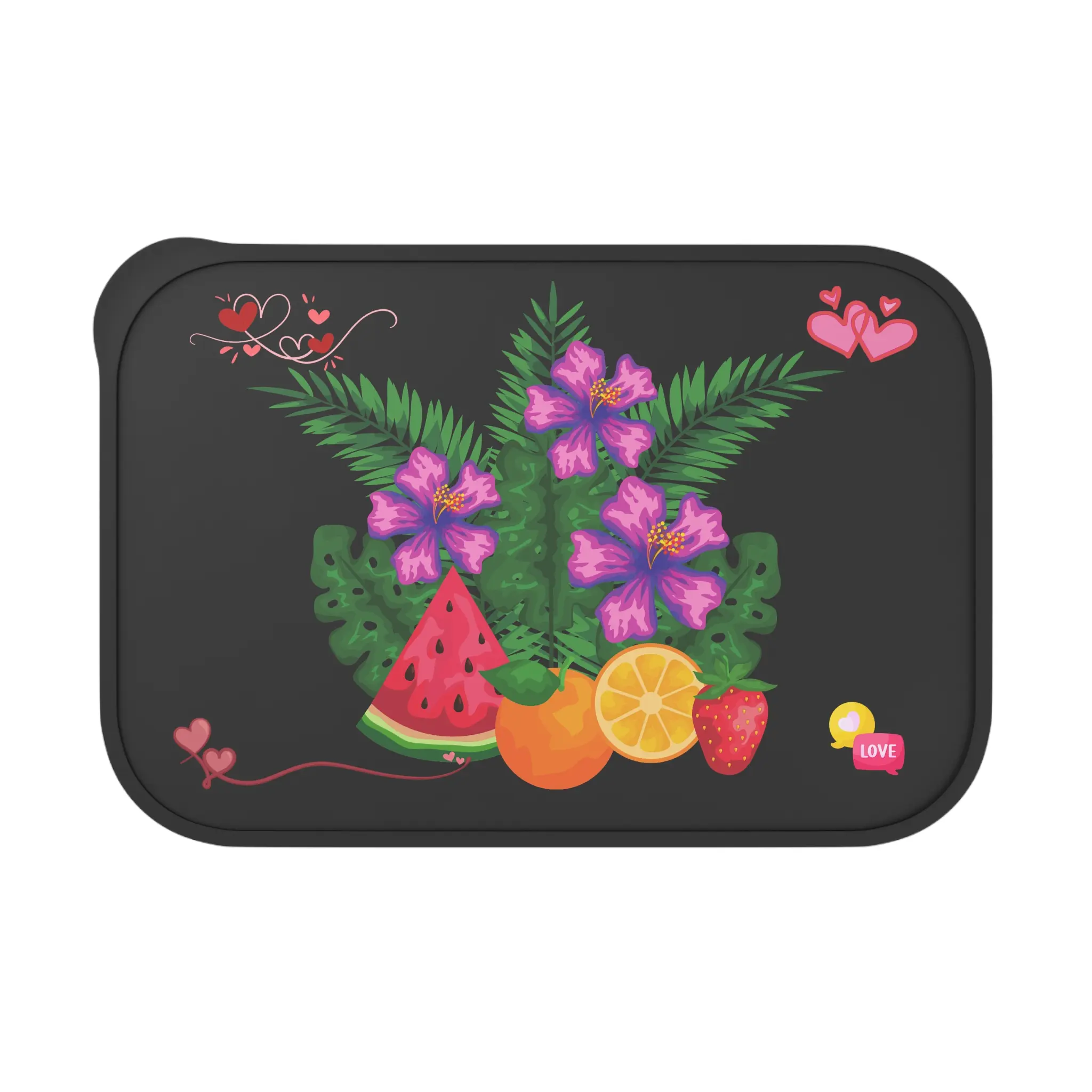 Tropical Floral Printed Lunch Box with Lid - PLA Bioplastic, Compact, One Size, Sturdy, Lightweight, Durable Kitchenware Tableware, Fruit-Ready, Black Background, Rubber Band-Included for On-the-Go Meals, Daily Use, Fruit Print