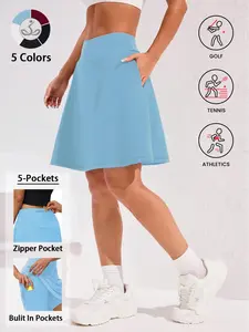 20'' Knee Length Stretchy Skorts For Woman 5 Pockets High Waisted Women's Workout Tennis Golf Skirts Long Athletic Skirt With Shorts Lightweight Breathable Athletic Skirts